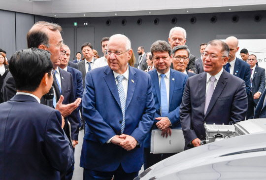 15일 경기도 화성시 현대·기아자동차 기술연구소에서 레우벤 리블린 이스라엘 대통령(사진 중앙)과 정의선 현대차그룹 수석부회장(사진 우측 앞)이 관계자의 설명을 듣고 있다. <현대자동차그룹 제공>